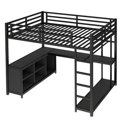 Space‑Saving Full‑Size Metal Loft Bed with L‑Shaped Desk, Wardrobe, USB Charging & Storage Shelves – Black by Isabelle & Max