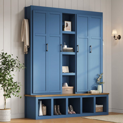 Farmhouse 4-in-1 Hall Tree with 6 Hooks, Storage Bench, and Shoe Cabinet for Entryway, Living Room by Red Barrel Studio