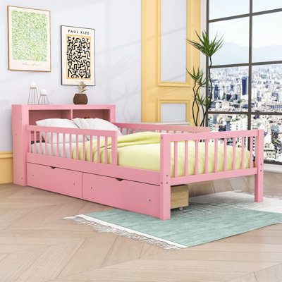 Twin Wooden Platform Bed with Headboard Storage, Safety Guardrails and Drawers by Winston Porter