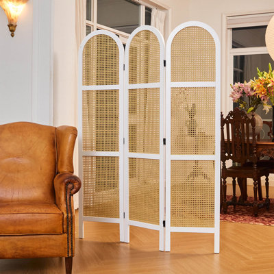 5.6 ft. Pine Wood & Hand-Woven Rattan Room Divider — Freestanding Privacy Screen in Japanese Modern Minimalist Style