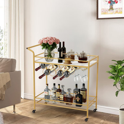 Gold Bar Cart With Wine Rack And Glass Holders - Rolling Bar Cart With Wheels by Mercer41