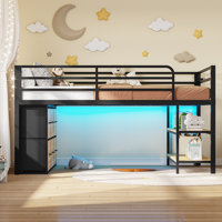 Twin Size Loft Bed With 6 Fabric Storage Drawers, Metal Low Loft Bed With Led Lights & Open Storage Shelves, 15" H Safety & Guardrail Stairs Bed by Isabelle & Max