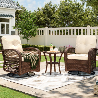 3-piece Wicker Patio Furniture Set, Outdoor Wicker Swivel Rocking Chair With Cushions And Rattan Side Table For Garden, Backyard, Porch by August Grove