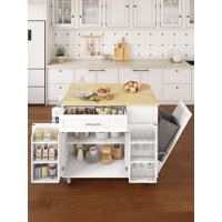 Kitchen Island with Storage, 31.5" D Rolling Kitchen Island Cart on Wheels with Widen Drop Leaf Rubberwood Top, Large Mobile Kitchen Island with Trash by Gracie Oaks