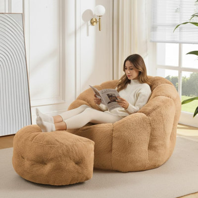 Wilder Halloween Pumpkin-Shaped Faux Rabbit Fur Bean Bag Chair with Ottoman - Luxe Floor Seating for Bedroom, Living Room & Study by Trule