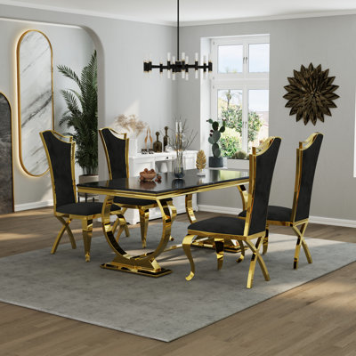 Luxury Black And Gold Dining Table Set With 4 Black Velvet Dining Chairs by Everly Quinn