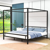 Metal Canopy Bed with Upholstered Linen Headboard