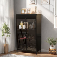 Tall Metal Sideboard With Glass Doors & Flip-top, 4-tier Design, Durable Steel Frame And Arched Top
