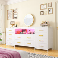 63.11" W 12 Fabric Drawer Dresser For Bedroom, Long Dressers Tv Stand Media Console With Led Lights & Power Outlets by 17 Stories
