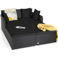 Outdoor Patio Rattan Daybed Thick Pillows Cushioned Sofa Furniture Black