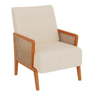 Upholstered Accent Chair With Rattan Arms And Solid Wood Legs by George Oliver
