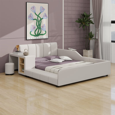 Upholstered Grounded Bed, Mother & Child Bed With Bedside Desk And Little Round Stool by Latitude Run