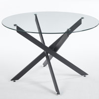 Kaison Dining Table with Tempered Glass Top & Cross Metal Legs by Wrought Studio