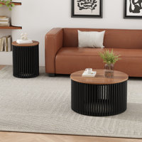 Gatlin Round Acacia Wood Table Set With Slatted Design by Latitude Run