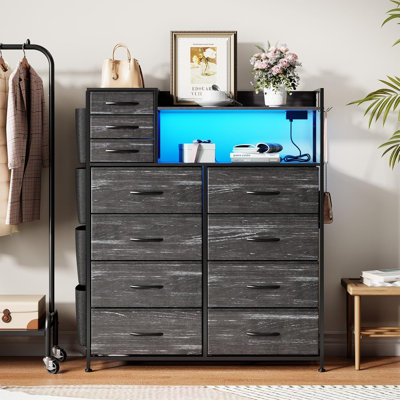 Dresser with 8+3 Fabric Drawers, Charging Station & LED Lights by 17 Stories
