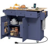 Rolling Kitchen Island with Charging Station and Drop Leaf, 53" Island Table with Wood Top, 3 Drawers, Adjustable Shelf, Spice & Towel Rack, Kitchen C
