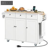Rolling Kitchen Island with Charging Station and Drop Leaf, 53" Island Table with Wood Top, 3 Drawers, Adjustable Shelf, Spice & Towel Rack, Kitchen C