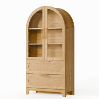 Modern Arched Storage Cabinet With Rattan Drawers And Glass Doors, 3-Tier Display Hutch With 2 Large Storage Drawers