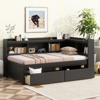 2 Drawer Solid Wood Bookcase Bed with Power Outlets and USB Charging Ports by Latitude Run