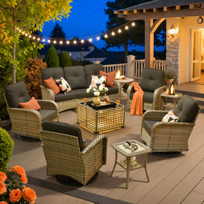 7- Person Patio Furniture Set With Swivel Rockers, Outdoor Wicker Rattan High Back Seating Group With Cushions, All Weather Sofa Conversation Set With