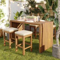 5-Piece Outdoor Bar Set - Acacia Wood Bar Table & 4 Stools With Cushions, Patio Dining Set For Backyard, Poolside, Balcony by Arlmont & Co.