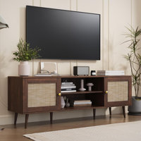 TV Stand For 55/65/70 Inch TV, Boho 59" Entertainment Center With Storage, Modern Mid Century Media Console With Rattan Doors And Adjustable Shelf, Wo by Dakota Fields
