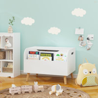 Wooden Toy Box, Kids Toy Storage Organizer With Front Bookshelf, Flip-Top Lid, Safety Hinge, Boys Girls Toy Chest Bench For Playroom Kids Room Organiz