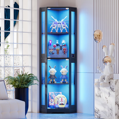 65" Corner Glass Display Cabinet with LED Lights, 4-Tier Showcase Display Case with Glass Doors & Human Body Sensor for Collectibles, Liquor by Wrought Studio