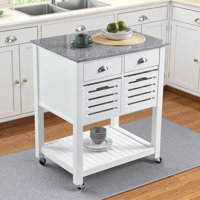 Mobile Indoor Kitchen Island Trolley Serving Cart with Underneath Breathable Storage Bin Drawer 30"L 22"W Marble Top 360°Swivel Lockable Casters by Lark Manor