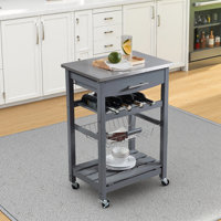 Mobile Indoor Kitchen Island Trolley Serving Cart with Stainless Steel Marble Top Underneath Drawer Slide-Out Wire Storage Basket Wine Rack Lockable C by Winston Porter