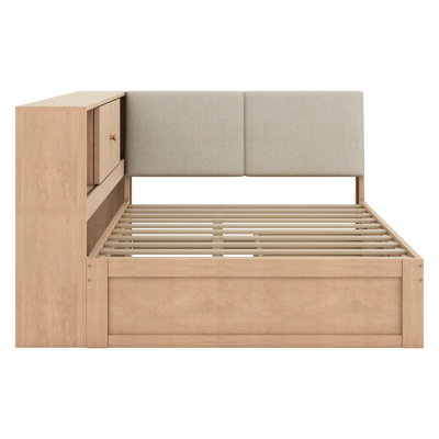 Wooden L-Shaped Daybed Corner Bed Under-Bed Drawers With Storage Bookcase And Upholstered Headboard And USB Charging Ports For Limited Space