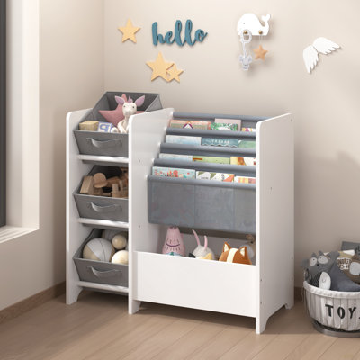 Kids Bookshelf And Toy Storage Organizer, Multifunctional 4 Tier Kids Book Shelf With 3 Collapsible Fabric Drawers, Children