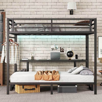 Queen Over Twin XL Metal Bunk Bed with Desk, Shelves, LED, USB Ports, Multi-Use Folding Sofa, Space-Saving Design, Black by 17 Stories