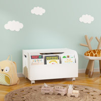 Wooden Toy Box With 4 Universal Wheels, Kids Toy Storage Organizer With Front Bookshelf, Flip-Top Lid, Safety Hinge, Toy Chest Bench For Playroom Kids