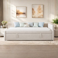 Upholstered L-shaped Daybed With Pop Up Trundle And Vertical Stripe Patterns by Hokku Designs
