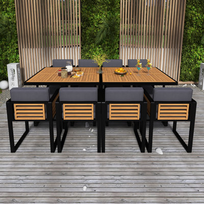 18-Pieces Acacia Wood Patio Dining Set, Space Saving Outdoor Patio Set, 8 Cushioned Chairs & 8 Ottomans & 2 Square Table by Hokku Designs