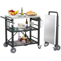Foldable 3-Tier Grill Cart, Outdoor Grill Table with Wheels, Movable Food Prep Table, Rolling Barbecue Cart, Stainless Steel Pizza Oven Table for Pati by Ebern Designs