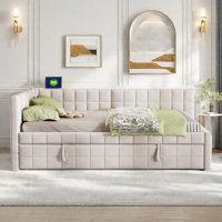 Upholstered L-shaped Daybed With Pop Up Trundle, Usb Ports And Square-block Pattern by Ebern Designs