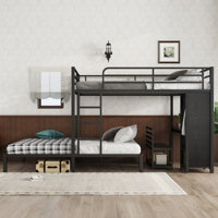 Queen over Queen Metal Bunk Bed with Built-in Wardrobe, Desk and Storage Chairs, Heavy Duty Black Bunk Bed Frame with Ladder and Guardrails for Kids, by Isabelle & Max
