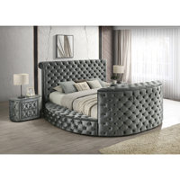Luxurious 3-Piece Bed Nightstand Set - Deeply Tufted Headboard, Grey Velvet Upholstery, TV Lift & Fireplace by Rosdorf Park
