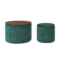 2-Piece Set Round Chenille Storage Ottoman, Equipped With A Drum Shaped Small Stool, Storage Space, And MDF Made Desktop Panel (23.62"X23.62"X16.53") by Latitude Run