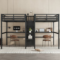 Space-Saving Twin Over Twin Metal Loft Bed with Double Desk, Wardrobe, Shelves & Electrical Outlet for Noise Reduction, woodgrain by Isabelle & Max