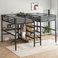 Space-Saving Twin Over Twin Metal Loft Bed with Double Desk, Wardrobe, Shelves & Electrical Outlet for Noise Reduction, woodgrain by Isabelle & Max