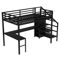 Metal Loft Bed with L-Shaped Desk, USB Charging, LED Light, Wardrobe and Adjustable Shelf, High Loft Bed Frame for Kids Teens Adults, Space Saving Stu by Isabelle & Max