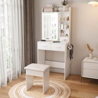Jora Makeup Vanity with Mirror, LED Lights & Stool by Wrought Studio