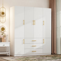4-Door Armoire Wardrobe Closet with 3 drawers and Hanging Rod White by Mercer41