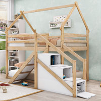 Wood Twin Over Twin Bunk Bed With Slide, Staircase And Storage by Harper Orchard