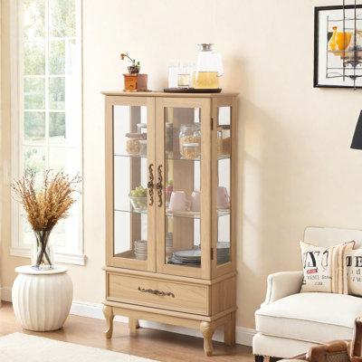 Display Glass Cabinet With Adjustable Shelves, 2 Doors, 1 Drawer And Bulb Included by Charlton Home
