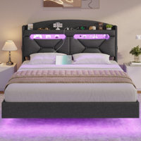 Floating Bed Frame With Power Outlet, Storage Headboard With Hidden Cubby, Rgb Floating Platform Bed With Led Lights, No Box Spring Needed, Quick Setu