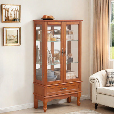 Display Glass Cabinet With Adjustable Shelves, 2 Doors, 1 Drawer And Bulb Included